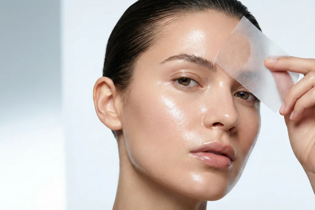 Mulher utilizando um lenço de papel absorvente na testa para remover o excesso de brilho e sebo, demonstrando como saber meu tipo de pele oleosa.