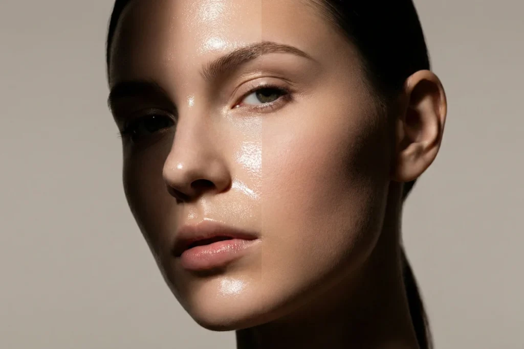 Rosto dividido comparando a zona T brilhante (testa e nariz) com bochechas de textura normal, ilustrando como saber meu tipo de pele mista.