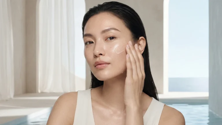 Mulher com pele radiante e luminosa aplicando um gel de hidratação facial no rosto em um ambiente de spa luxuoso e minimalista com elementos de água.