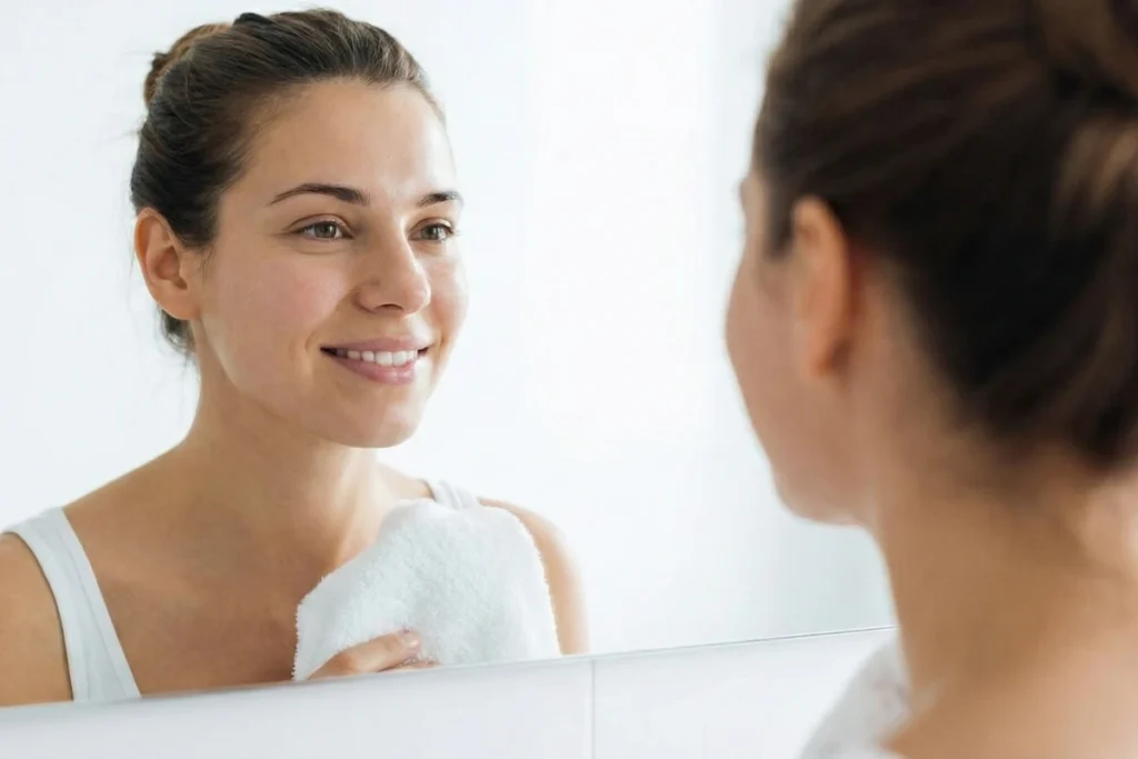 Mulher sorrindo para o espelho com a pele do rosto limpa, viçosa e sem maquiagem.