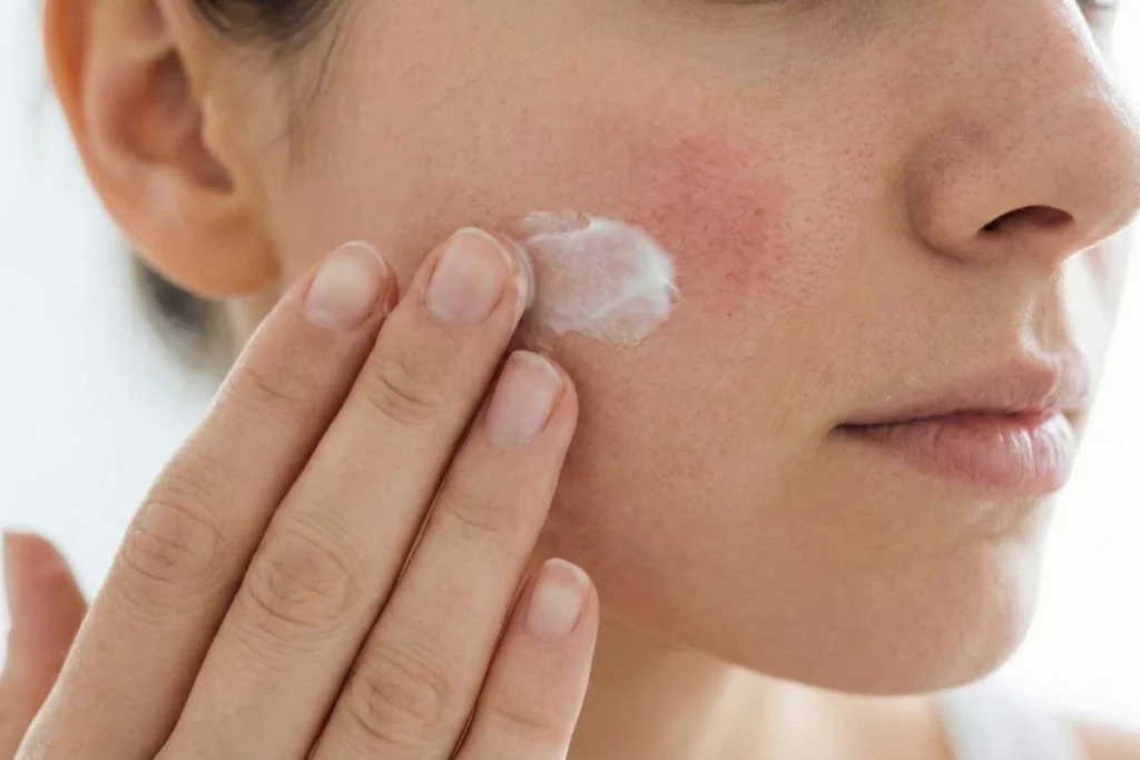Aplicação suave de creme hidratante em rosto com pele sensível e vermelhidão.