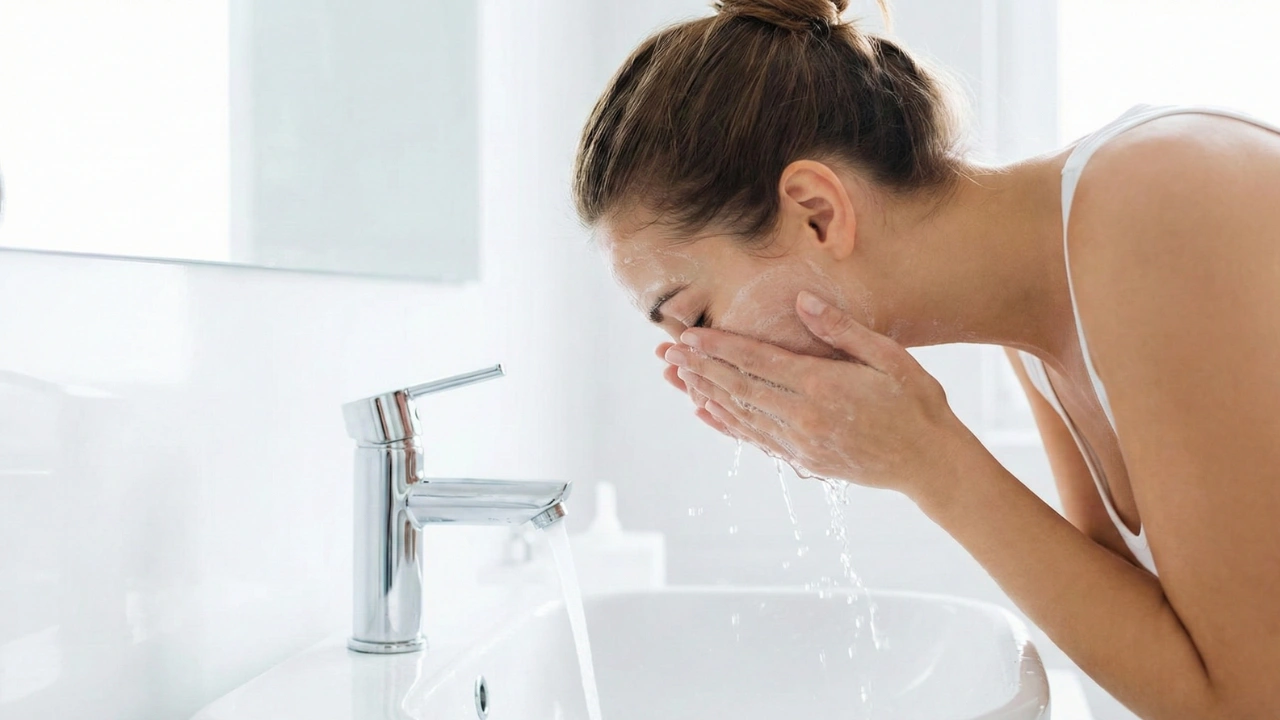 Mulher realizando a limpeza de pele na pia com espuma de limpeza facial para higiene diária.