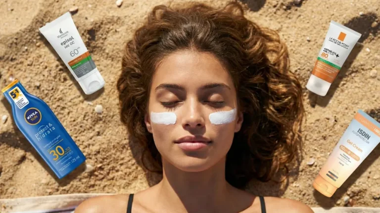 Vista superior de modelo deitada na areia da praia usando listras brancas de proteção solar nas bochechas, cercada por frascos de protetor solar das marcas Nivea, Episol, La Roche-Posay e ISDIN.