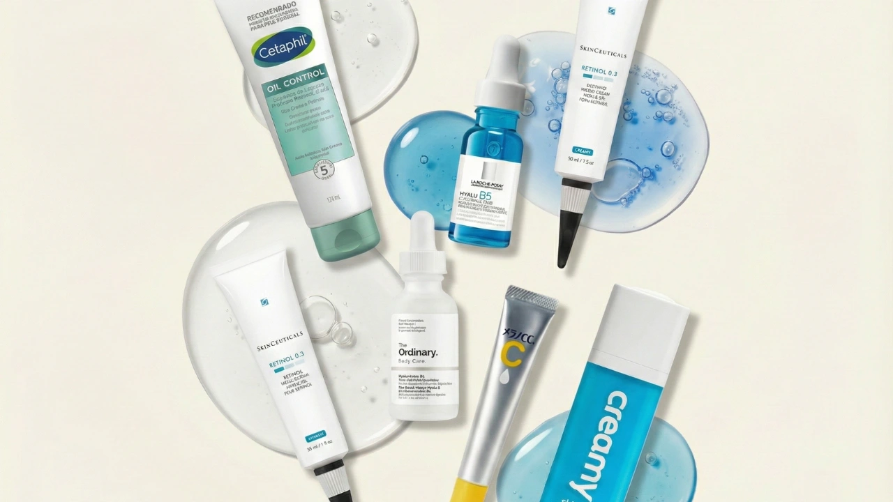 Flat lay de produtos de skincare variados, incluindo séruns e cremes das marcas Cetaphil, La Roche-Posay, SkinCeuticals, The Ordinary, Melano CC e Creamy, dispostos artisticamente sobre texturas de gel e gotas de água em fundo claro.
